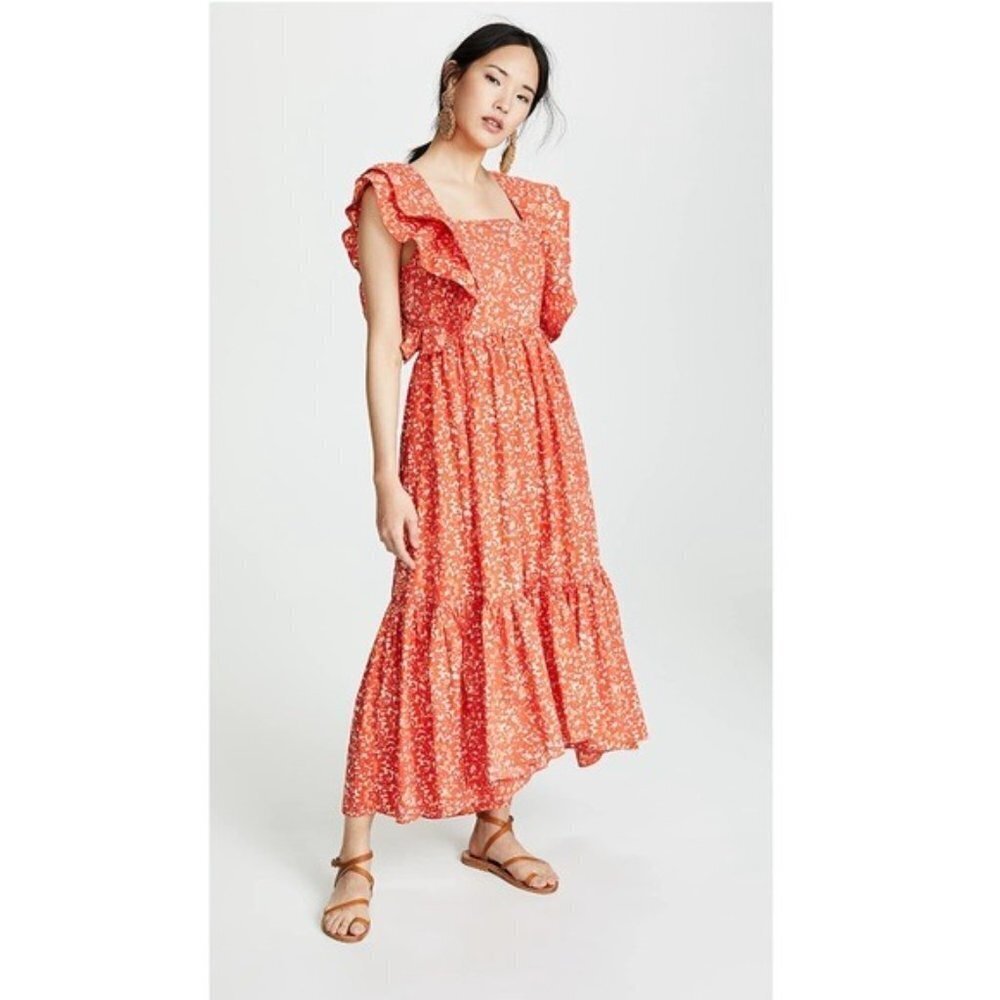 New Ulla Johnson Orange Ruffle Frieda Midi Dress … - image 6